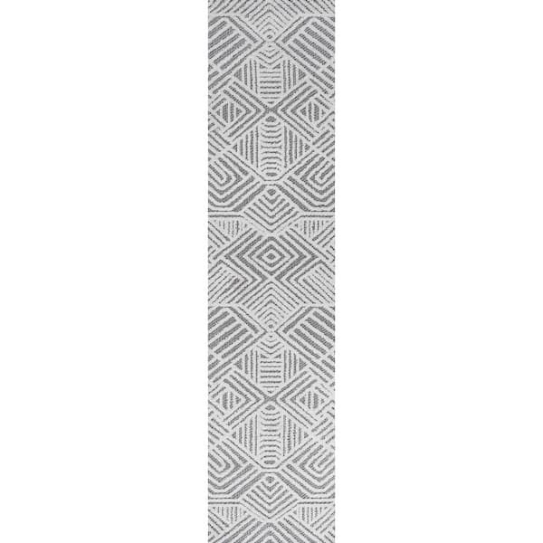 Jordan High-Low Pile Art Deco Geometric White/Black 2 ft. x 10 ft. Indoor/Outdoor Runner Rug