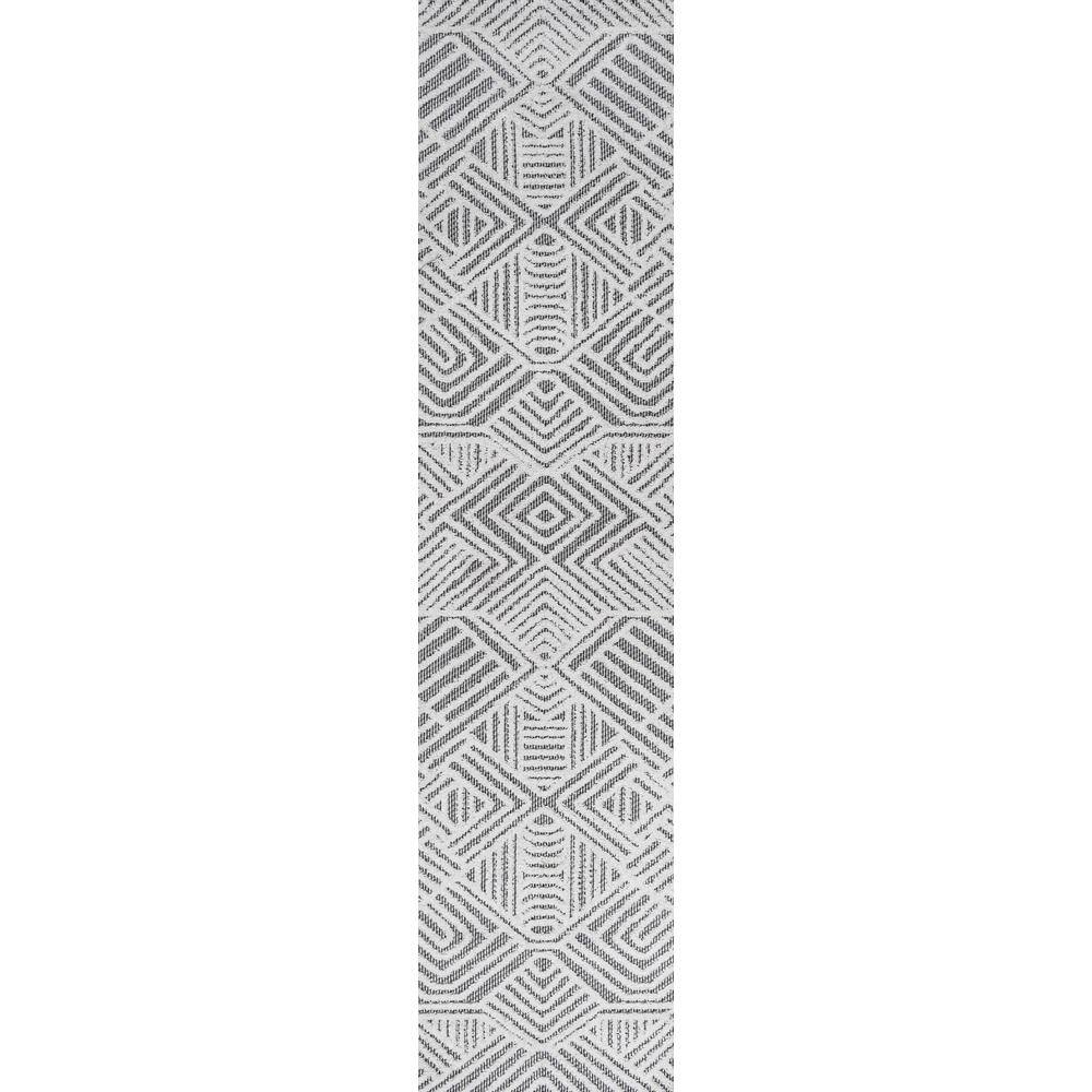 Ivory and Black Geometric High-Low Pile Runner Rug