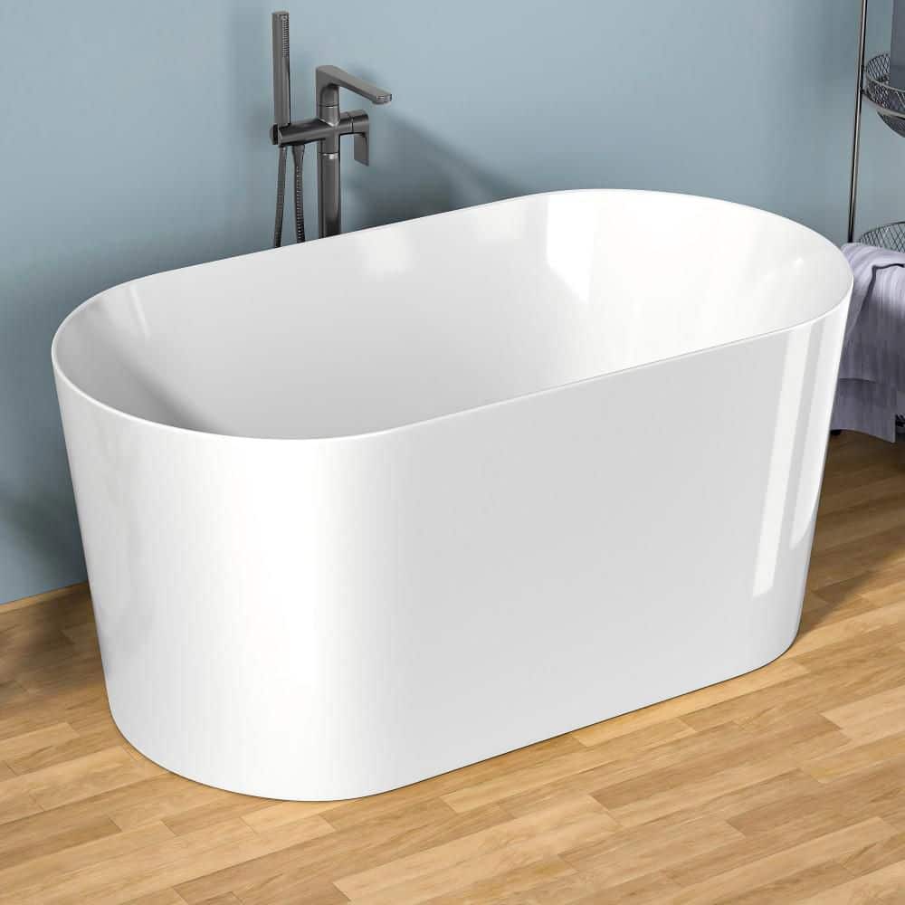 55 in. x 27.6 in. Acrylic Freestanding Soaking Bathtub White Oval Tub with 