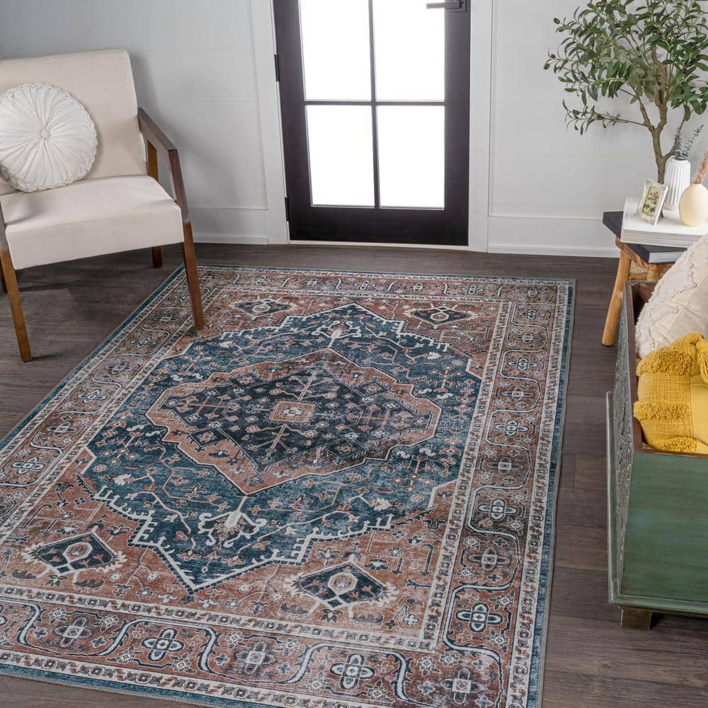 Navy and Brown Medallion Washable Chenille Area Rug 8' x 10'