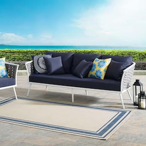 Stance Aluminum Outdoor Sofa in White with Navy Cushions