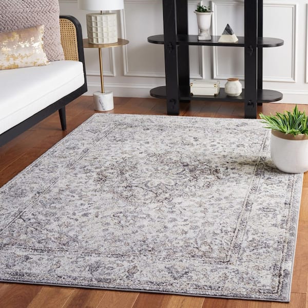 Opal 7 ft. x 7 ft. Gray/Ivory Distressed Floral Border square Area Rug