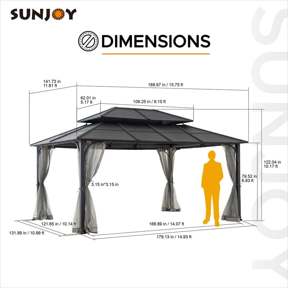 Sunjoy 12 x 16 ft. Black Steel Hardtop Gazebo with Netting