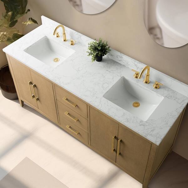 Vanity Art 72 in. W x 22 in. D x 34 in. H Double-Sink Bathroom Vanity in Natural Oak with Engineered Marble Top in Arabescato White