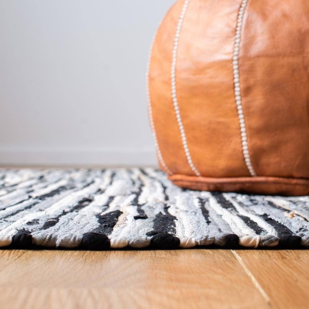 Handmade Black and Beige Striped Wool Cotton Rug, 3' x 5'