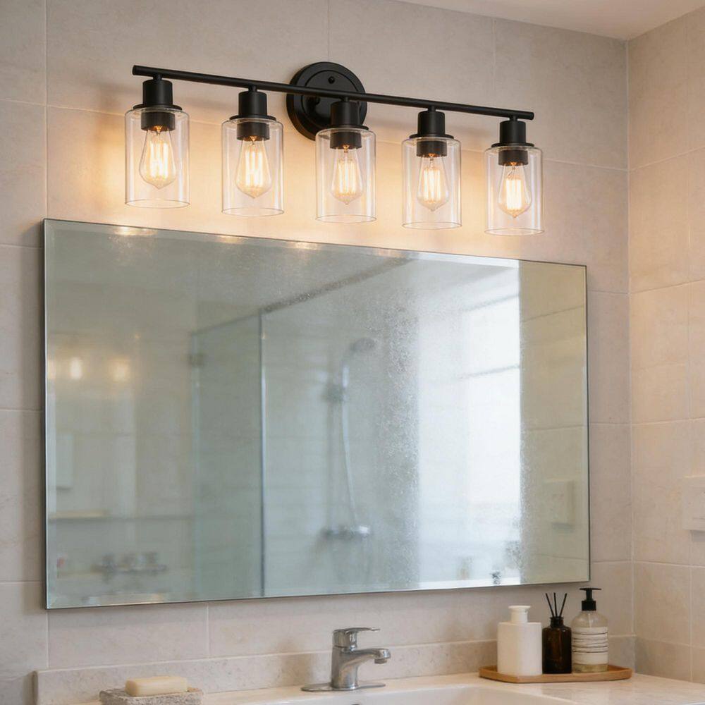 30 in. 5-Light Matte Black Vanity Light with Clear Glass Shade price history on PriceWatchPro