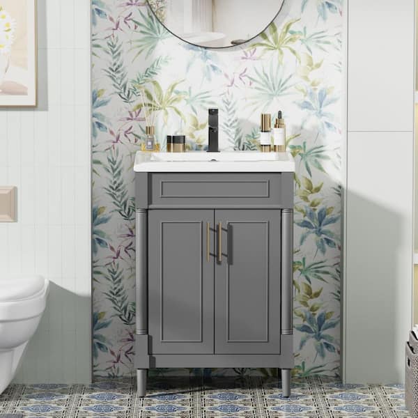 24 W x 17.7 D x 33.5 in. H Freestanding 1-Sink Bath Vanity in Gray with White Ceramic Top and Drain Faucet Set