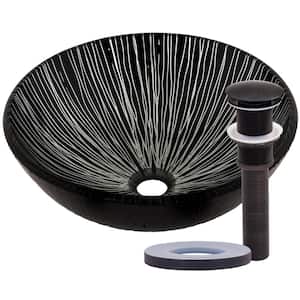 Godere Round Glass Vessel Sink Hand Painted in Black and Silver with Pop-Up Drain in Oil Rubbed Bronze