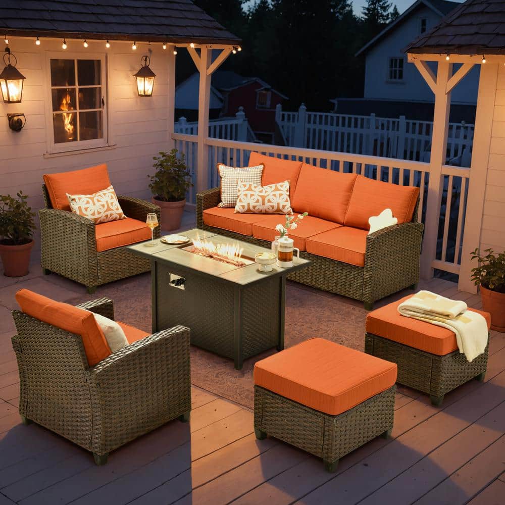 Serena Grey 6-Piece Wicker Outdoor Patio Furniture Conversation Sofa Set with Metal Fire Pit and Orange Red Cushions price history on PriceWatchPro