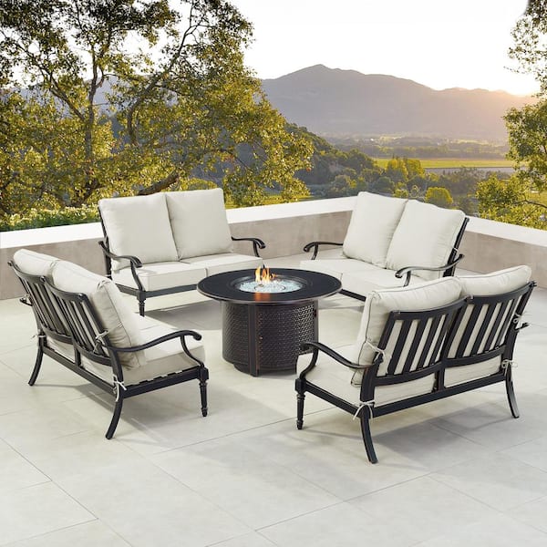 Black 5-Piece Aluminum Patio Fire Pit Set with Light Grey Cushions