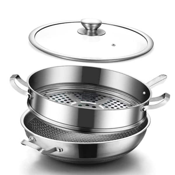 2-Piece 13 in. Stainless Steel Nonstick Wok with Glass Lid, Hybrid Finish, Induction Compatible, Oven Safe