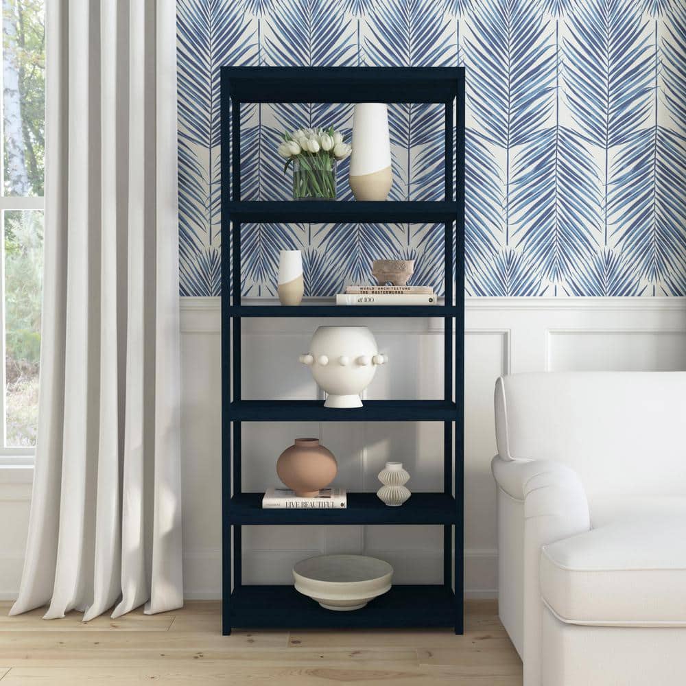 Navy Blue Wood 5-Tier Etagere Bookcase