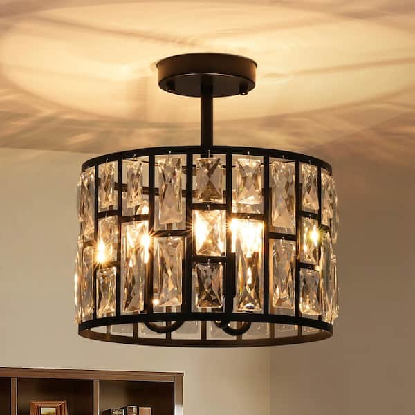 Newlin 3-Light Industrial Vintage Black Drum Semi-Flush Mount Ceiling Light with Crystal Accents