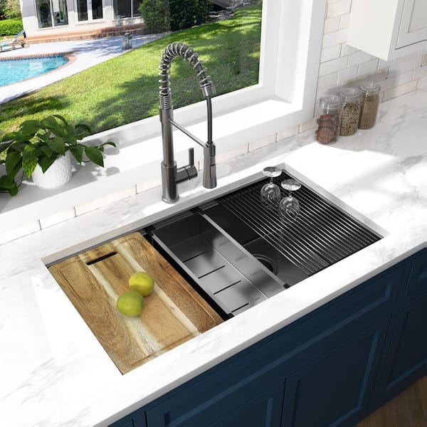 33 in. Undermount Double Bowl 18 Gauge Gunmetal Black Stainless Steel Workstation Kitchen Sink