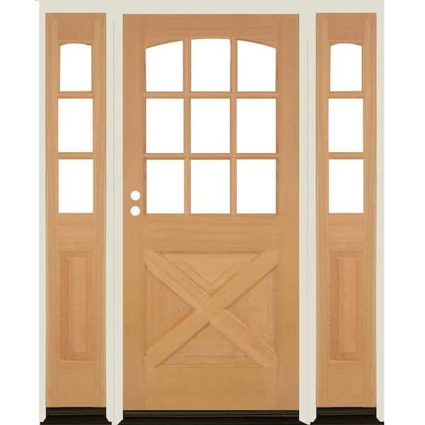 Krosswood Doors 64 in. x 80 in. Farmhouse X Panel RH 1/2 Lite Clear Glass Unfinished Hemlock Prehung Front Door with DSL