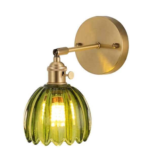 OUKANING 4.7 in. 1 Light Gold Modern Floral Wall Sconce Wall Light with Green Glass Shade, No Bulbs Included