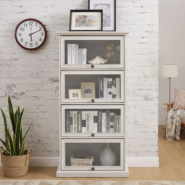 4-Tier White Glass Display Cabinet: Ideal for Living Room with Flip-up Glass Doors