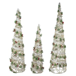 40 in. H Lighted White Berry and Pine Needle Cone Tree Christmas Decorations (Set of 3)