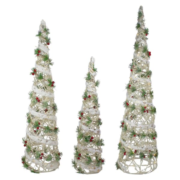 Northlight 40 In H Lighted White Berry And Pine Needle Cone Tree Christmas Decorations Set Of 3 34314907 - Christmas Tree Decorations Home Depot
