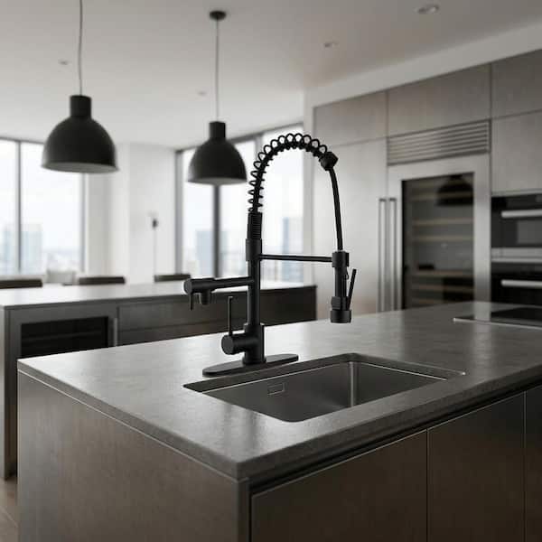 17 in. Commercial Single Handle Kitchen Faucets 360 Degree Spout Swivel with Spring Pull Down Sprayer in Matte Black