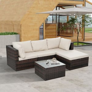 Brown 5-Pieces Wicker Outdoor Sectional Set with Tempered Glass Coffee Table and Beige Cushions