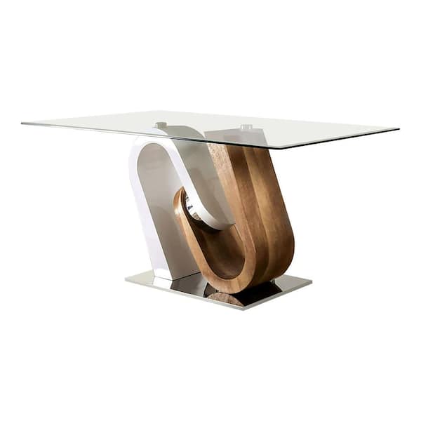 Furniture of America Napili White and Natural Tone Glass 64 in. Pedestal Dining Table (Seats 6)