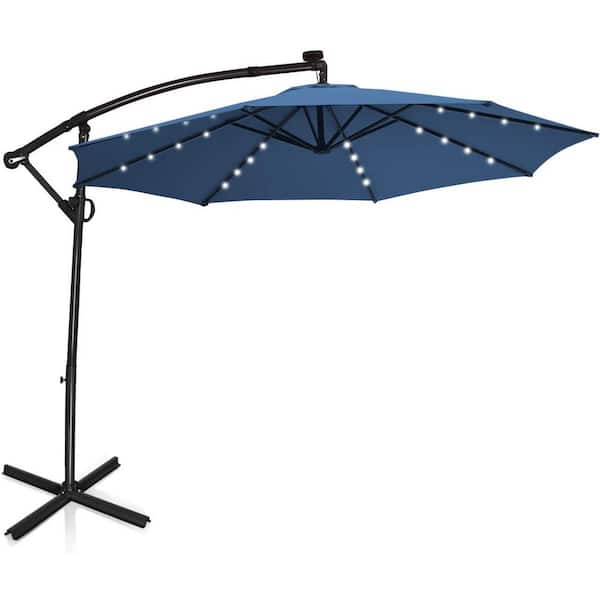 Unbranded 10 ft. Aluminum Offset Cantilever Solar Tilt Patio Umbrella LED Lights 360-Degrees Rotation in Blue
