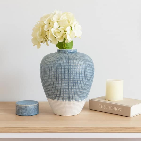 15 in. Blue/White Ceramic Decorative Small Round Lidded Table Jar