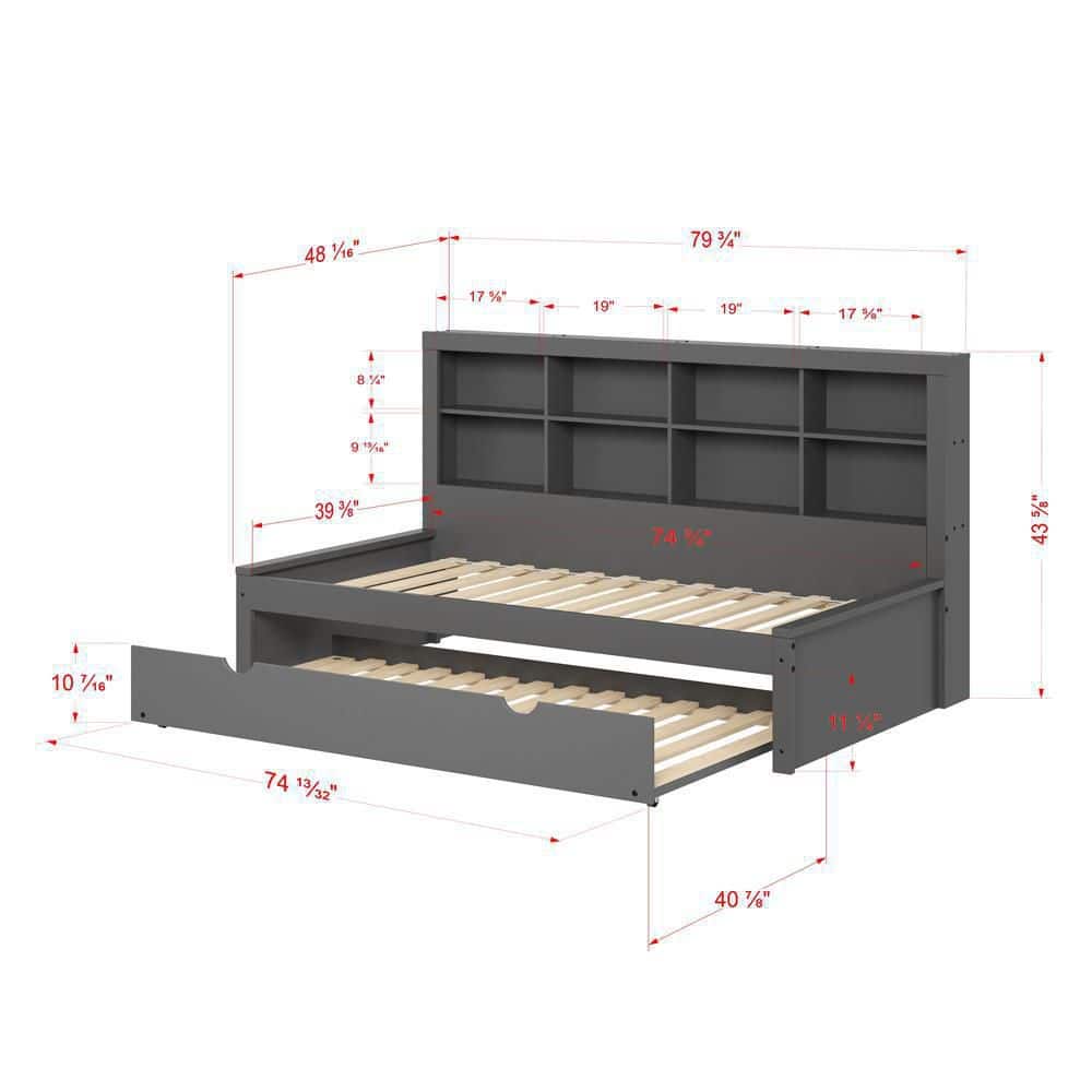 Twin Pinewood Daybed with Bookcase and Trundle in Dark Brown