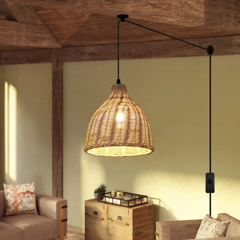 Industrial 10.24 in. 1 Light Plug in Bamboo Shade Chandelier Pendant Light with 2 Bases and Switch, Adjustable Height price history on PriceWatchPro