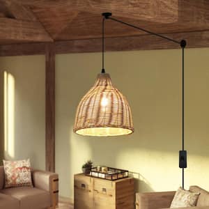 Industrial 10.24 in. 1 Light Plug in Bamboo Shade Chandelier Pendant Light with 2 Bases and Switch, Adjustable Height