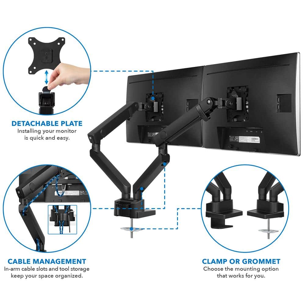 Black Adjustable Dual Monitor Desk Mount with Steel Arms