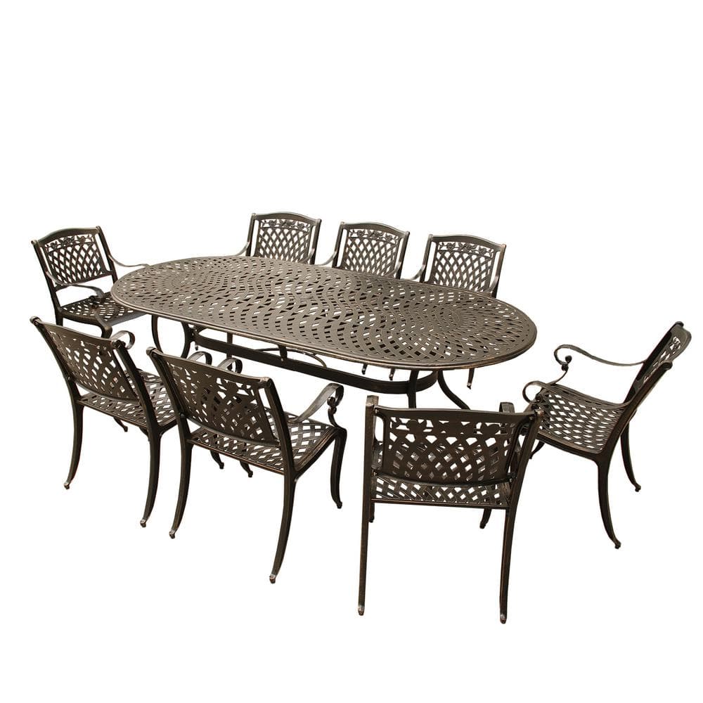 Contemporary Modern 9-Piece Bronze Aluminum Oval Outdoor Dining Set with 8-
