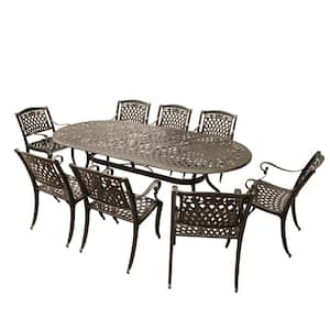 Contemporary Modern 9-Piece Bronze Aluminum Oval Outdoor Dining Set with 8-Arm Chairs