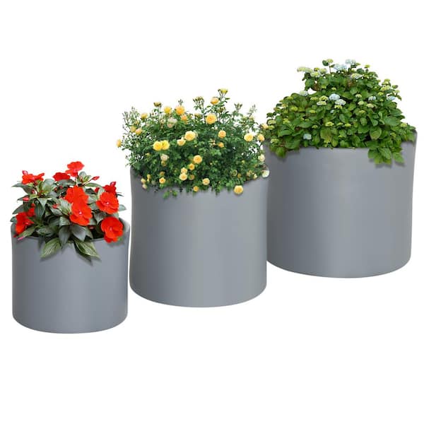 ToolCat 11 in. Tall Dark Gray Light-Weight Concrete Magnesium Oxide Round Modern Seamless Outdoor Planter (Set of 3)