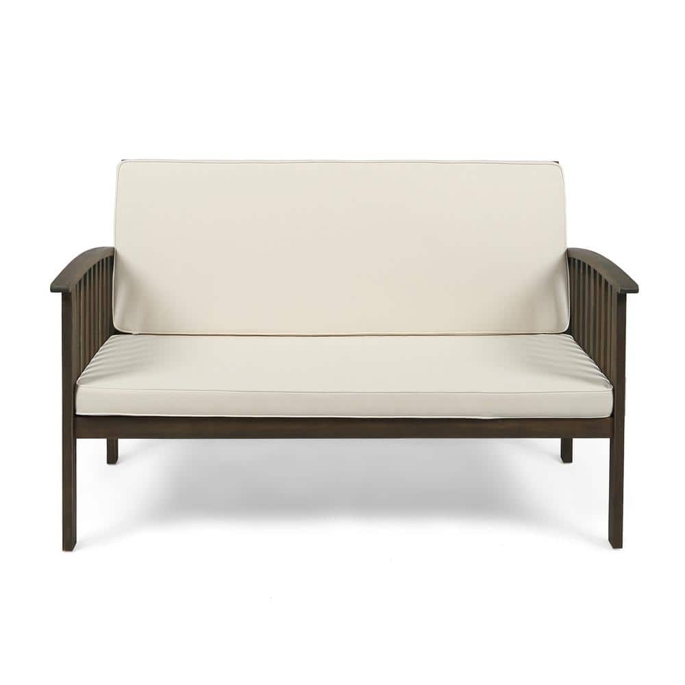 Grey Frame Acacia Wood Outdoor Loveseat, Waterproof Fabric, with Cream