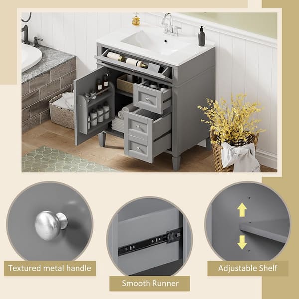 Virubi 30 in. W Single Sink Bath Vanity in Gray with White Resin