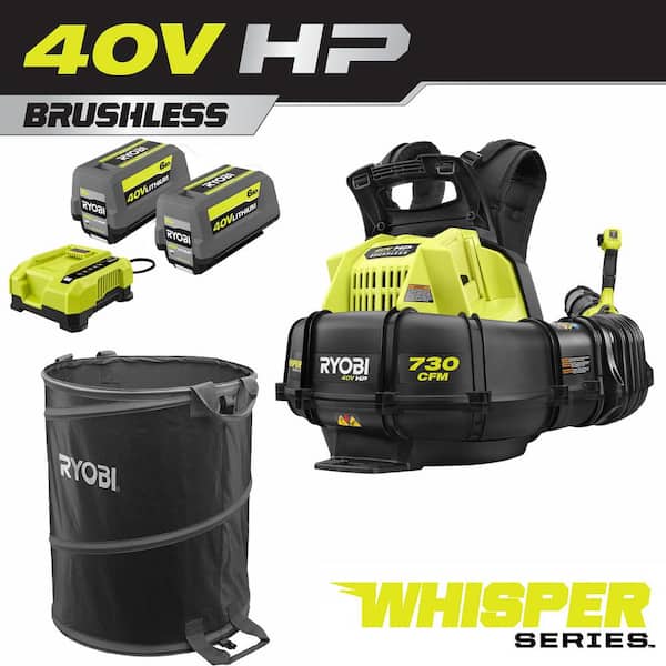 RYOBI 40V HP Brushless 165 MPH 730 CFM Backpack Blower w/ Lawn and Leaf Bag, (2) 6.0 Ah Batteries and Charger