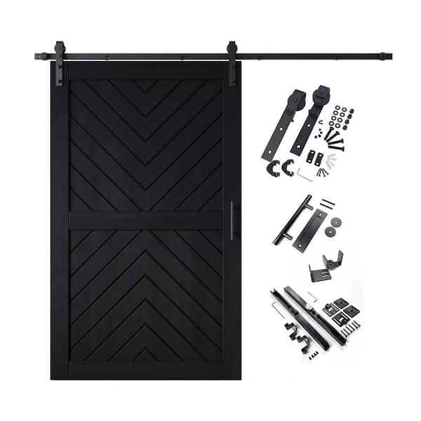 JT4 50 in. x 80 in. C-Panel Black Fishbone Design Solid Pine Wood Sliding Barn Door with Hardware Kit