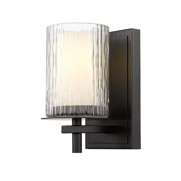 Unbranded Grayson 4.75 in. 1-Light Matte Black Wall Sconce with Clear - Etched Opal Glass Shade and No Bulb Included