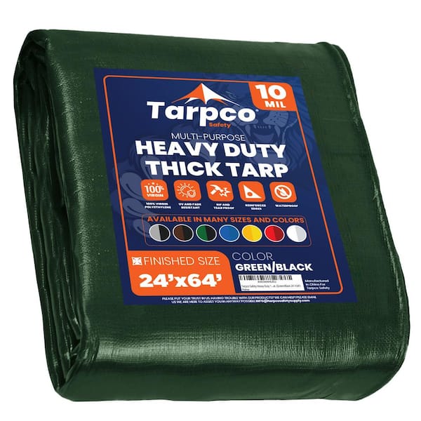 TARPCO SAFETY 24 ft. x 64 ft. Green/Black 10 Mil Heavy Duty Polyethylene Tarp, Waterproof, UV Resistant, Rip and Tear Proof