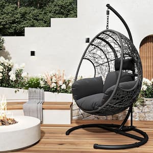 72.83 in. Patio Outdoor Indoor Black PE Wicker Swing Egg Basket Hanging Chair with Gray Cushion and Black Base