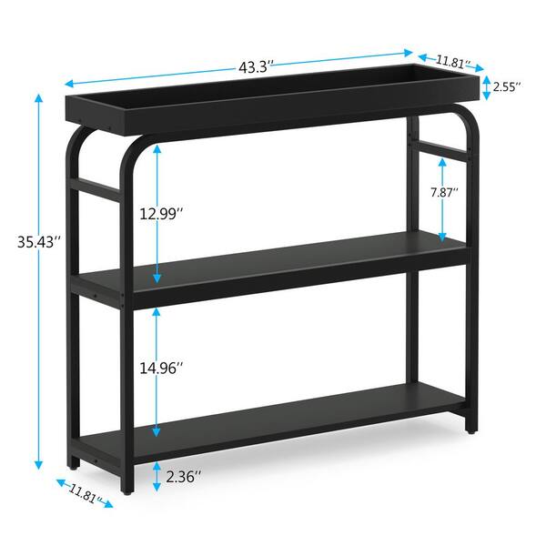 Byblight Turrella 43 3 In Black Standard Rectangle Wood Console Table With Narrow Long Tray Top And 2 Open Storage Shelves Bb J0026dt Standard Rectangle Wood Console Table, 96 Inch Long Console Table Dimensions