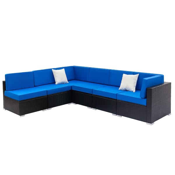 Karl home 6-Piece Black Wicker Outdoor Sectional Set with Blue Cushion