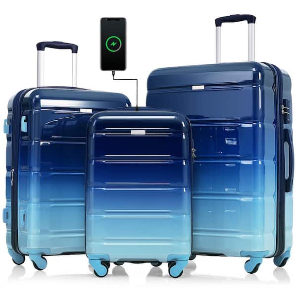 3-Piece Gradient Blue ABS Durable Luggage Set with Spinner Wheels and USB Port