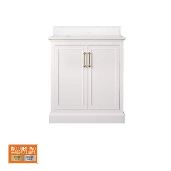 Ravenscroft 31 in. Single Sink White Swan Bath Vanity with Carrara White Engineered Stone Top (Assembled)