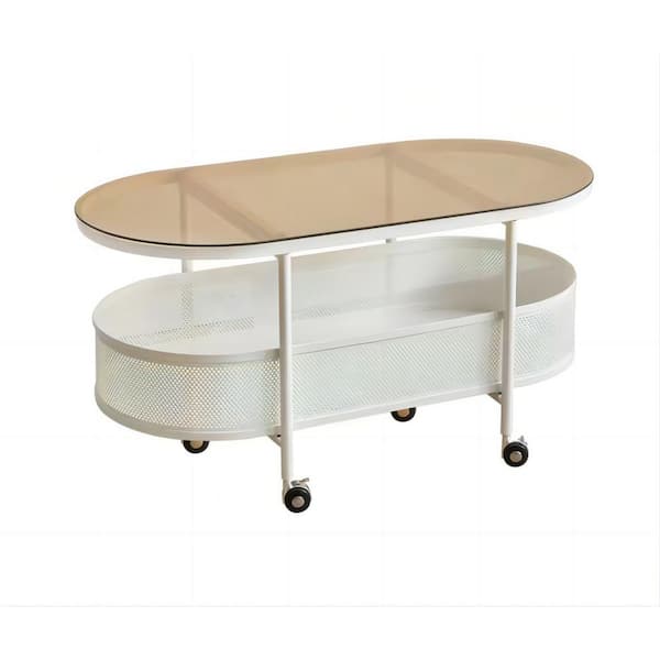 CSC DECOR INC 35.43 in. White Oval Glass Coffee Table with Wheels Movable Sofa Side Table 2-Tier End Table with Open Storage Shelf