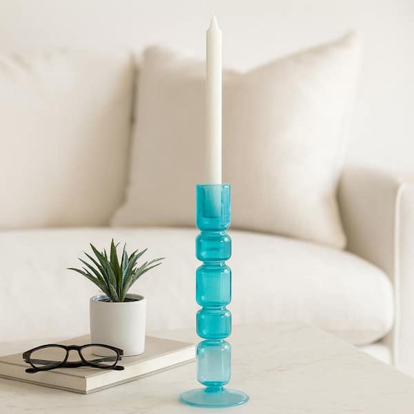 Blue 10 in. Glass Mixed Bubble Taper Candle Holder