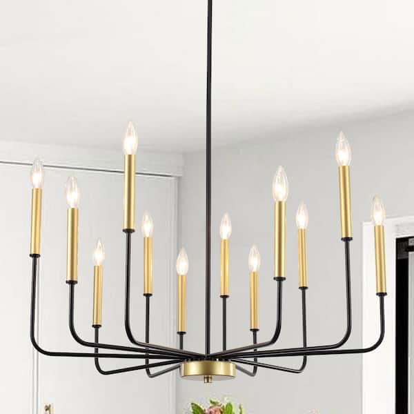 12-Light Black and Gold Candlestick Hanging Island Linear Chandelier Lighting for Kitchen Island