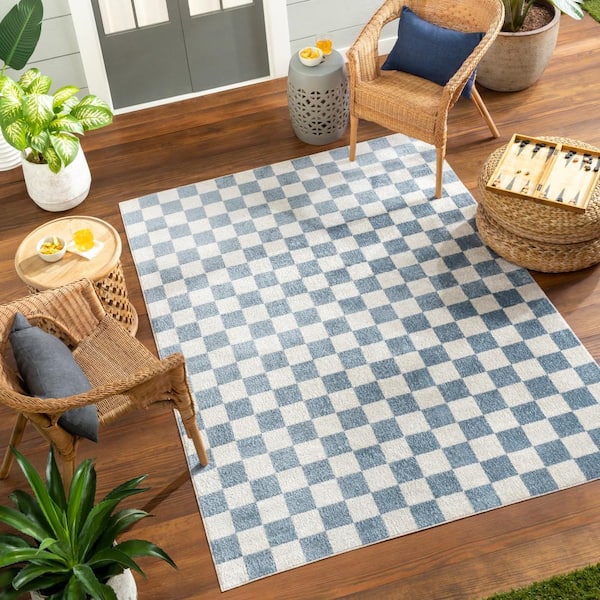 Livabliss Lillian Blue 8 ft. x 10 ft. Checkered Machine-Washable Indoor Area Rug